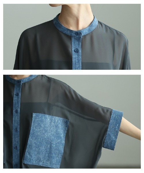 Sawa a la mode(サワアラモード)の「異素材シアードルマンブラウス(シャツ/ブラウス・レディース・カーキ/ブラック/チャコールグレー・FREE)」の7枚目の写真
