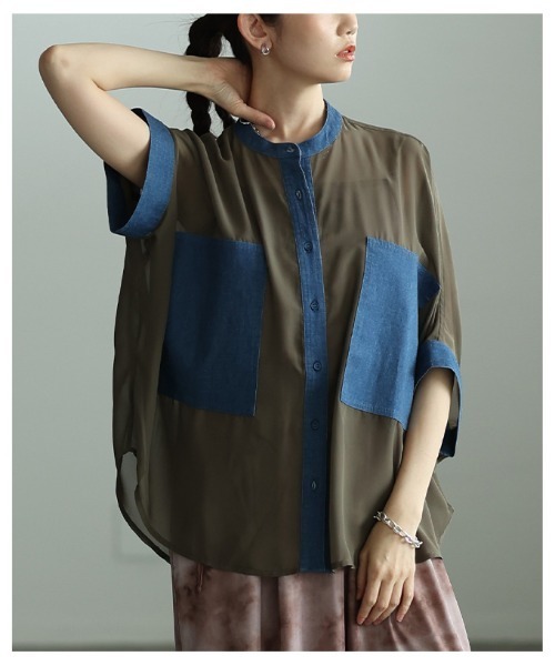 Sawa a la mode(サワアラモード)の「異素材シアードルマンブラウス(シャツ/ブラウス・レディース・カーキ/ブラック/チャコールグレー・FREE)」の17枚目の写真