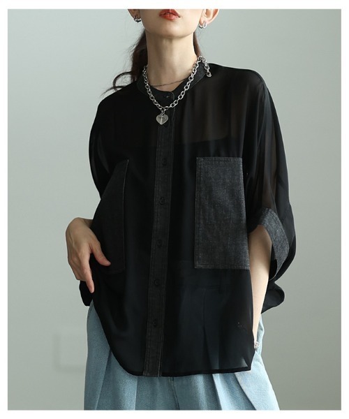 Sawa a la mode(サワアラモード)の「異素材シアードルマンブラウス(シャツ/ブラウス・レディース・カーキ/ブラック/チャコールグレー・FREE)」の19枚目の写真
