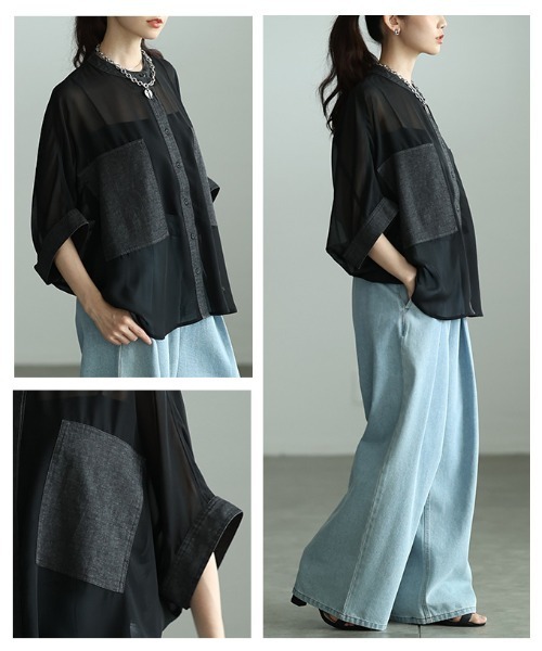 Sawa a la mode(サワアラモード)の「異素材シアードルマンブラウス(シャツ/ブラウス・レディース・カーキ/ブラック/チャコールグレー・FREE)」の20枚目の写真