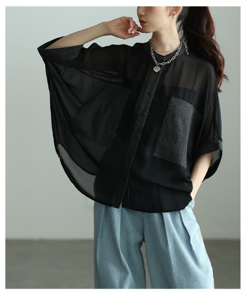Sawa a la mode(サワアラモード)の「異素材シアードルマンブラウス(シャツ/ブラウス・レディース・カーキ/ブラック/チャコールグレー・FREE)」の22枚目の写真
