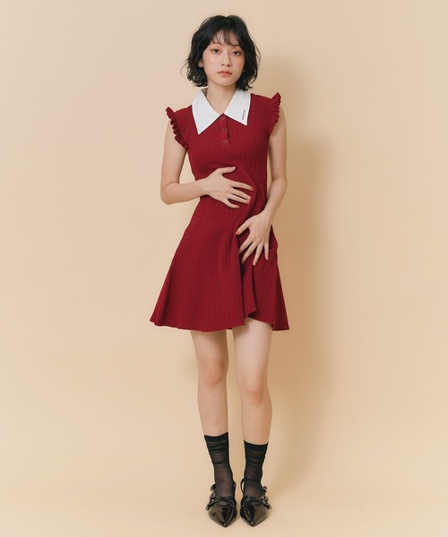 REDYAZEL(レディアゼル)の「フリルスリーブミニニットワンピース(ワンピース・レディース・ブラウン/レッド/ネイビー/ライトグレー・FREE)」の12枚目の写真