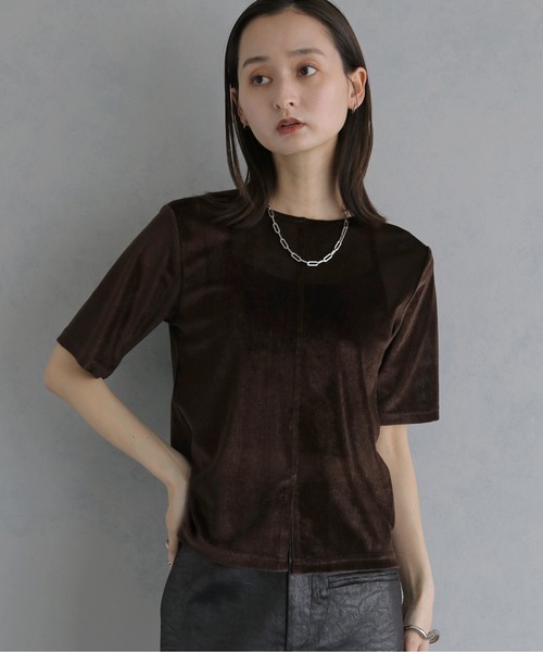 &g'aime(アンジェム)の「【&g'aime 】シアーベロアハーフスリーブトップス Sheer Velour Half-Sleeve Top(Tシャツ/カットソー・レディース・オフホワイト/ブラウン/ブラック・FREE)」の1枚目の写真