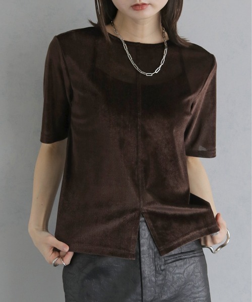 &g'aime(アンジェム)の「【&g'aime 】シアーベロアハーフスリーブトップス Sheer Velour Half-Sleeve Top(Tシャツ/カットソー・レディース・オフホワイト/ブラウン/ブラック・FREE)」の10枚目の写真