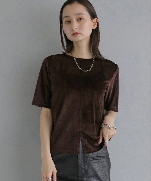 &g'aime(アンジェム)の「【&g'aime 】シアーベロアハーフスリーブトップス Sheer Velour Half-Sleeve Top(Tシャツ/カットソー・レディース・オフホワイト/ブラウン/ブラック・FREE)」の8枚目の写真