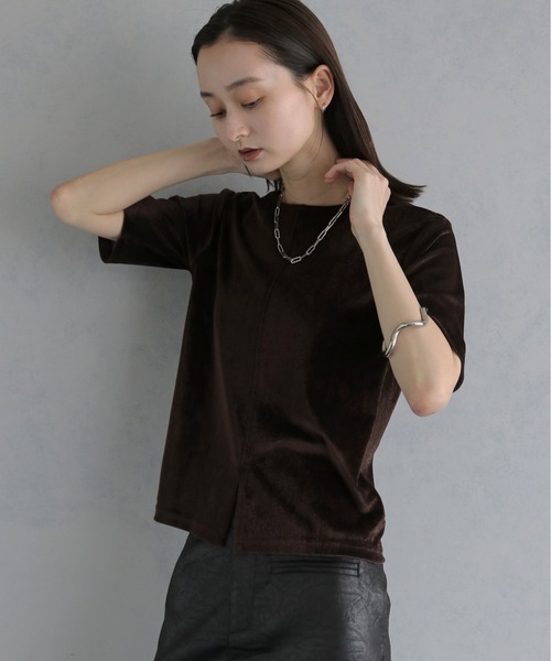 &g'aime(アンジェム)の「【&g'aime 】シアーベロアハーフスリーブトップス Sheer Velour Half-Sleeve Top(Tシャツ/カットソー・レディース・オフホワイト/ブラウン/ブラック・FREE)」の12枚目の写真