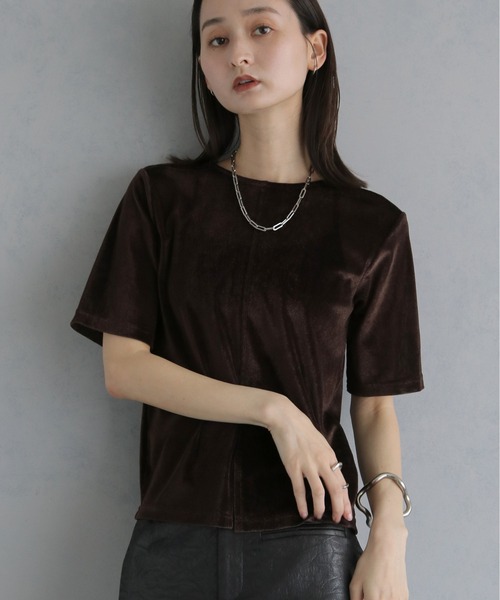 &g'aime(アンジェム)の「【&g'aime 】シアーベロアハーフスリーブトップス Sheer Velour Half-Sleeve Top(Tシャツ/カットソー・レディース・オフホワイト/ブラウン/ブラック・FREE)」の9枚目の写真