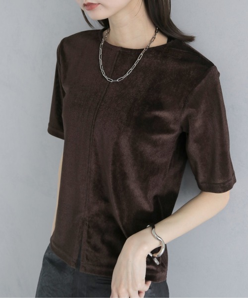 &g'aime(アンジェム)の「【&g'aime 】シアーベロアハーフスリーブトップス Sheer Velour Half-Sleeve Top(Tシャツ/カットソー・レディース・オフホワイト/ブラウン/ブラック・FREE)」の13枚目の写真