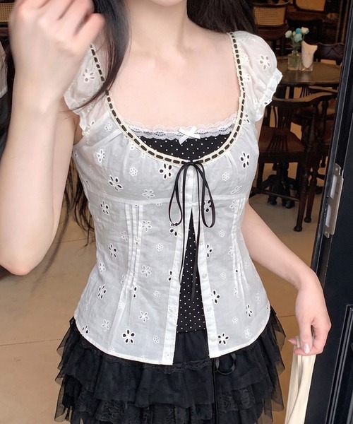 gossip!ロサンゼルス(ゴシップロサンゼルス)の「【Y2Kガーリー】 ドット柄切替 レースブラウス 半袖(Tシャツ/カットソー・レディース・ホワイト/ミント・M)」の7枚目の写真