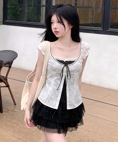 gossip!ロサンゼルス(ゴシップロサンゼルス)の「【Y2Kガーリー】 ドット柄切替 レースブラウス 半袖(Tシャツ/カットソー・レディース・ホワイト/ミント・M)」の9枚目の写真