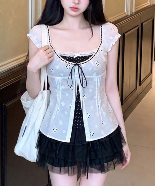gossip!ロサンゼルス(ゴシップロサンゼルス)の「【Y2Kガーリー】 ドット柄切替 レースブラウス 半袖(Tシャツ/カットソー・レディース・ホワイト/ミント・M)」の10枚目の写真