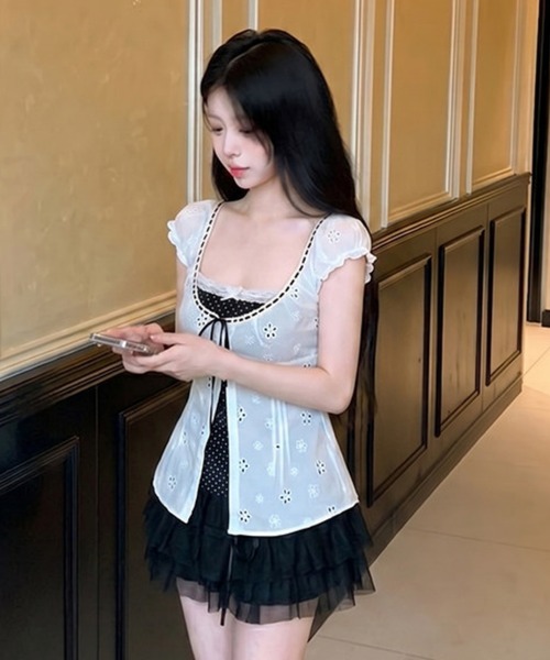 gossip!ロサンゼルス(ゴシップロサンゼルス)の「【Y2Kガーリー】 ドット柄切替 レースブラウス 半袖(Tシャツ/カットソー・レディース・ホワイト/ミント・M)」の14枚目の写真