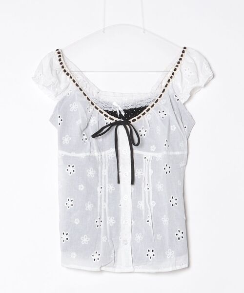 gossip!ロサンゼルス(ゴシップロサンゼルス)の「【Y2Kガーリー】 ドット柄切替 レースブラウス 半袖(Tシャツ/カットソー・レディース・ホワイト/ミント・M)」の15枚目の写真