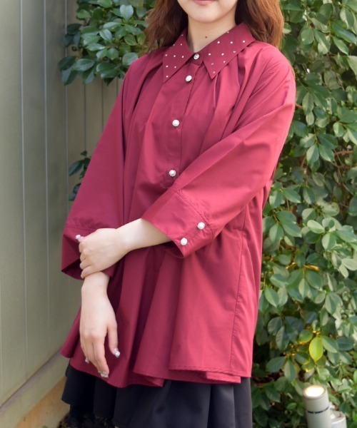 axes femme(アクシーズファム)の「タックデザイン七分袖シャツ(シャツ/ブラウス・レディース・ブルーグリーン/ホワイト/ワイン・FREE)」の3枚目の写真