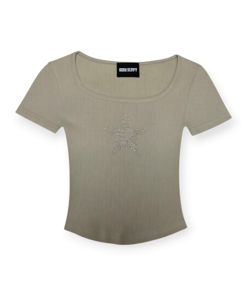 BORN SLIPPY(ボーンスリッピー)の「Crystal Star Square Neck Tee (Beige)(Tシャツ/カットソー・レディース・その他・FREE)」の1枚目の写真
