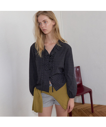 Check frill v-neck blouse [FRFA06BL03]_Black