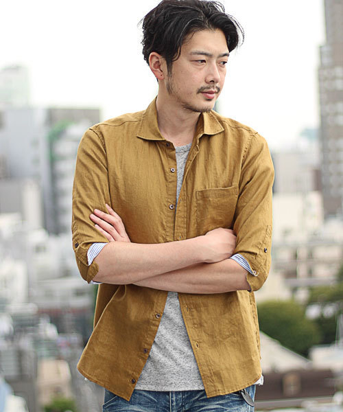 glory crew（グローリークルー）の「【人気につきカラー追加】フレンチリネンシャツ（ホリゾンタルカラー、７分袖）（シャツ/ブラウス・メンズ・ホワイト/ブラウン/キャメル/ボルドー/ブラック/カーキ・S/L/LL/M）」の5枚目の写真