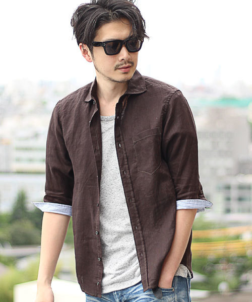 glory crew（グローリークルー）の「【人気につきカラー追加】フレンチリネンシャツ（ホリゾンタルカラー、７分袖）（シャツ/ブラウス・メンズ・ホワイト/ブラウン/キャメル/ボルドー/ブラック/カーキ・S/L/LL/M）」の3枚目の写真
