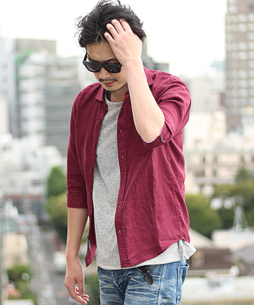 glory crew（グローリークルー）の「【人気につきカラー追加】フレンチリネンシャツ（ホリゾンタルカラー、７分袖）（シャツ/ブラウス・メンズ・ホワイト/ブラウン/キャメル/ボルドー/ブラック/カーキ・S/L/LL/M）」の6枚目の写真