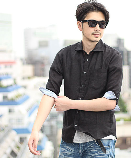 glory crew（グローリークルー）の「【人気につきカラー追加】フレンチリネンシャツ（ホリゾンタルカラー、７分袖）（シャツ/ブラウス・メンズ・ホワイト/ブラウン/キャメル/ボルドー/ブラック/カーキ・S/L/LL/M）」の2枚目の写真