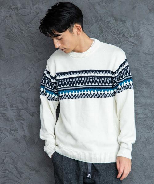 green label relaxing(グリーンレーベルリラクシング)の「SC パネルフェアアイルJQ クルーネック ニット(ニット/セーター・メンズ・ブラック/ホワイト・M/S/L)」の2枚目の写真