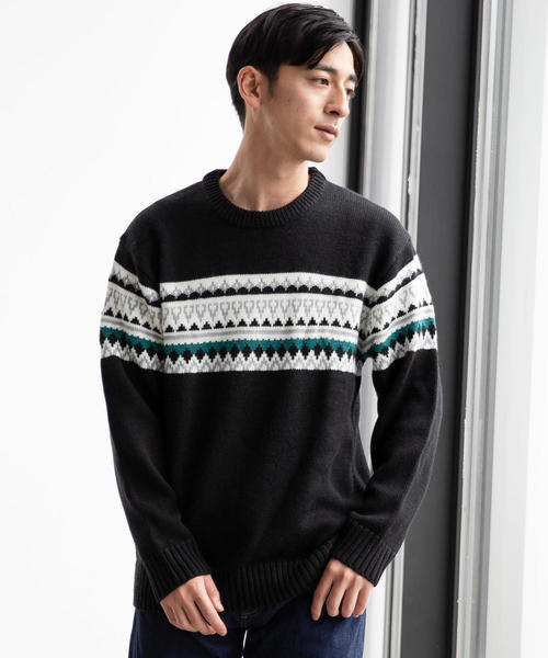 green label relaxing(グリーンレーベルリラクシング)の「SC パネルフェアアイルJQ クルーネック ニット(ニット/セーター・メンズ・ブラック/ホワイト・M/S/L)」の1枚目の写真