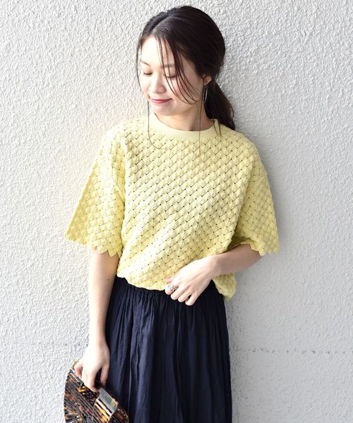 liflattie ships(リフラティ シップス)の「liflattie ships:レースクルーネックショートスリーブトップス◇(Tシャツ/カットソー・レディース・ホワイト/ブラック/イエロー・SMALL/MEDIUM)」の1枚目の写真