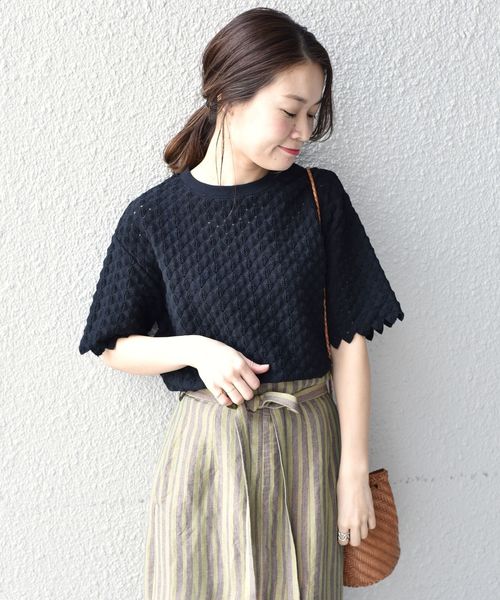 liflattie ships(リフラティ シップス)の「liflattie ships:レースクルーネックショートスリーブトップス◇(Tシャツ/カットソー・レディース・ホワイト/ブラック/イエロー・SMALL/MEDIUM)」の3枚目の写真