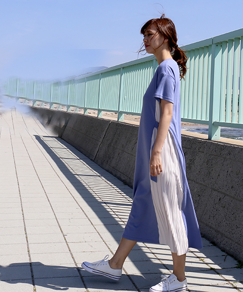 n'ee-ne（ネーネ）の「サイドプリーツワンピース半袖＆フレンチスリーブ（ワンピース・レディース・ブラック/ベージュ/ブルー/杢グレー/ブラック系その他/ベージュ系その他/グレー系その他・FREE）」の7枚目の写真