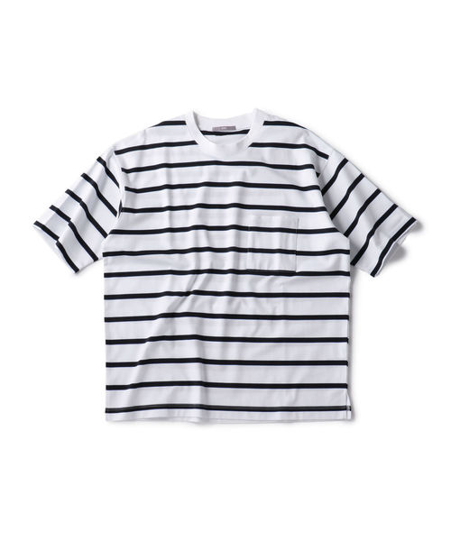 SHIPS(シップス)の「SU: リラックスフィット ポンチ ボーダー Tシャツ(Tシャツ/カットソー・メンズ・ネイビー/オフホワイト/グリーン・SMALL/MEDIUM/LARGE)」の2枚目の写真
