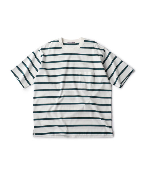 SHIPS(シップス)の「SU: リラックスフィット ポンチ ボーダー Tシャツ(Tシャツ/カットソー・メンズ・ネイビー/オフホワイト/グリーン・SMALL/MEDIUM/LARGE)」の1枚目の写真