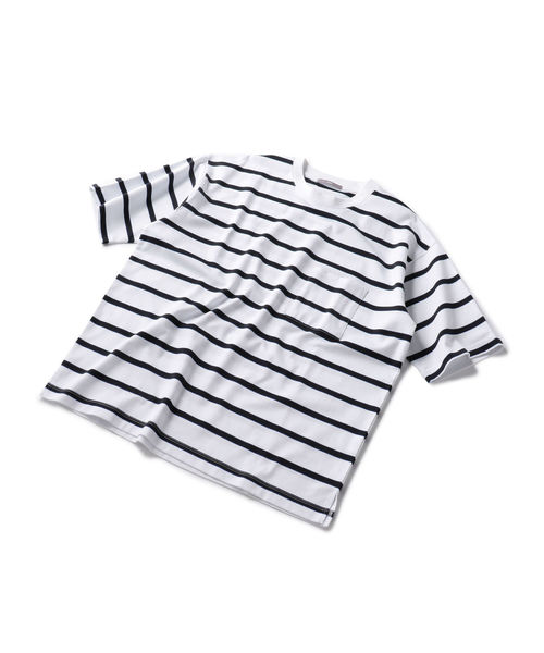 SHIPS(シップス)の「SU: リラックスフィット ポンチ ボーダー Tシャツ(Tシャツ/カットソー・メンズ・ネイビー/オフホワイト/グリーン・SMALL/MEDIUM/LARGE)」の5枚目の写真