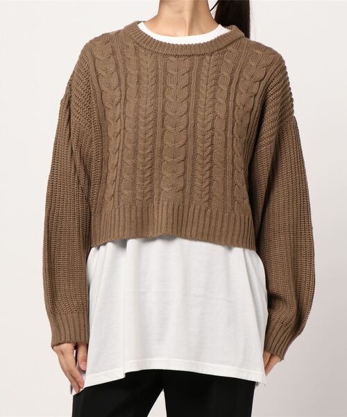 KOBE LETTUCE（コウベレタス）の「[ 2点セット ] ショートケーブルニット＋ロングスリーブTシャツトップスセット（ニット/セーター・レディース・ベージュ/カーキ/モカ・FREE）」の2枚目の写真