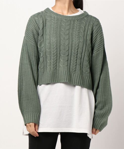 KOBE LETTUCE（コウベレタス）の「[ 2点セット ] ショートケーブルニット＋ロングスリーブTシャツトップスセット（ニット/セーター・レディース・ベージュ/カーキ/モカ・FREE）」の7枚目の写真