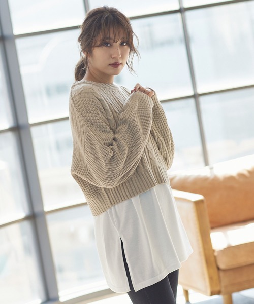 KOBE LETTUCE（コウベレタス）の「[ 2点セット ] ショートケーブルニット＋ロングスリーブTシャツトップスセット（ニット/セーター・レディース・ベージュ/カーキ/モカ・FREE）」の11枚目の写真