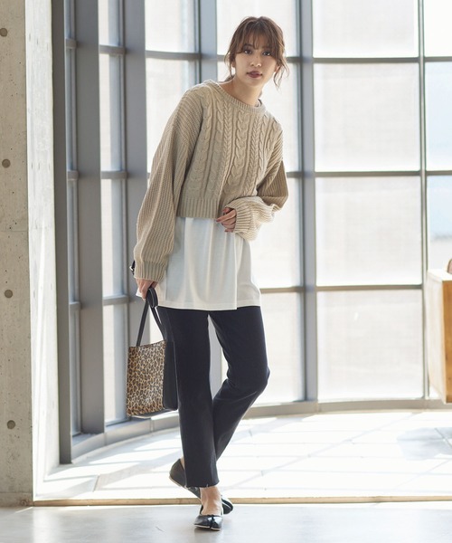 KOBE LETTUCE（コウベレタス）の「[ 2点セット ] ショートケーブルニット＋ロングスリーブTシャツトップスセット（ニット/セーター・レディース・ベージュ/カーキ/モカ・FREE）」の12枚目の写真