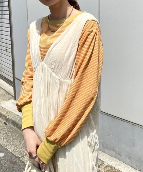 Kastane(カスタネ)の「スラブリンガーボーダーロンTee(Tシャツ/カットソー・レディース・パープル/サックスブルー/オレンジ/グリーン・FREE)」の4枚目の写真