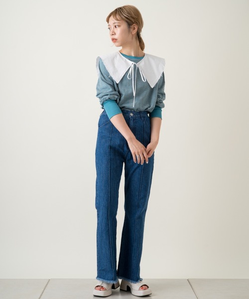 Kastane(カスタネ)の「スラブリンガーボーダーロンTee(Tシャツ/カットソー・レディース・パープル/サックスブルー/オレンジ/グリーン・FREE)」の9枚目の写真