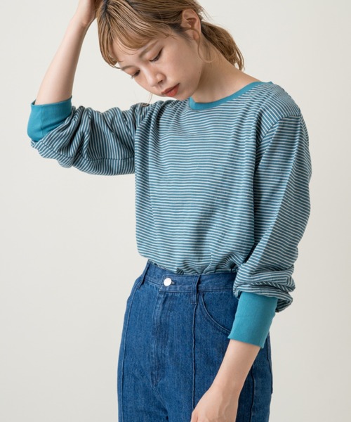 Kastane(カスタネ)の「スラブリンガーボーダーロンTee(Tシャツ/カットソー・レディース・パープル/サックスブルー/オレンジ/グリーン・FREE)」の13枚目の写真