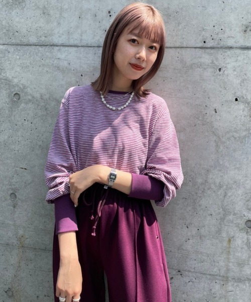 Kastane(カスタネ)の「スラブリンガーボーダーロンTee(Tシャツ/カットソー・レディース・パープル/サックスブルー/オレンジ/グリーン・FREE)」の19枚目の写真