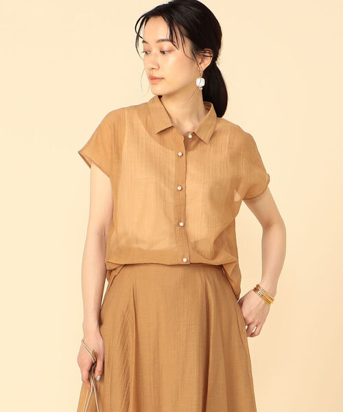 NOLLEY'S - 【新品】NOLLEYS ノーリーズ ブラウス ブラウン サイズ:38(M) / カールマイヤー パール釦 半袖 2WAY ブラウス / シャツ フレンチスリーブ パールボタン タック シアー / 日本製 / トップス シャツ【レディース】 NOLLEY'S（ノーリーズ）の「カールマイヤーパール釦半袖2way