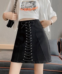 レースアップハイウエストデニムミニスカート