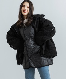 Rocky Monroe（ロッキーモンロー）の「オーバーサイズ 中綿ノーカラーミリタリージャケット フェイクレザー / コーデュロイ / ポリ（ダウンジャケット/コート）」