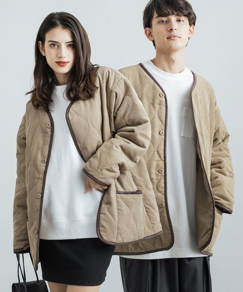 Rocky Monroe（ロッキーモンロー）の「オーバーサイズ 中綿ノーカラーミリタリージャケット フェイクレザー / コーデュロイ / ポリ（ダウンジャケット/コート・メンズ・ブラック/ベージュ/オフホワイト/オリーブ/ブラック系・M/L/XL）」の4枚目の写真