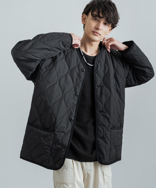 Rocky Monroe（ロッキーモンロー）の「オーバーサイズ 中綿ノーカラーミリタリージャケット フェイクレザー / コーデュロイ / ポリ（ダウンジャケット/コート・メンズ・ブラック/ベージュ/オフホワイト/オリーブ/ブラック系・M/L/XL）」の3枚目の写真