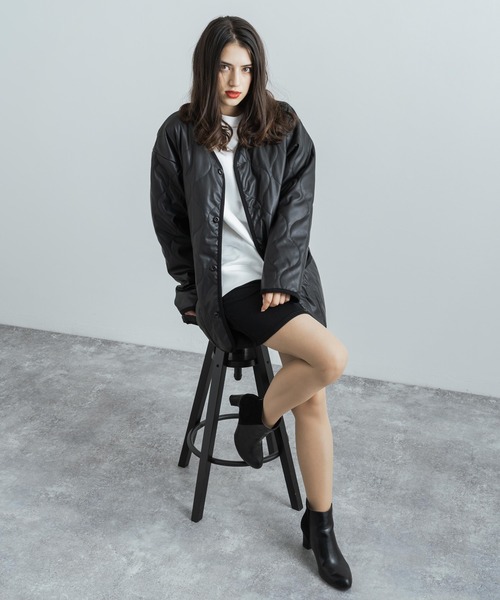 Rocky Monroe（ロッキーモンロー）の「オーバーサイズ 中綿ノーカラーミリタリージャケット フェイクレザー / コーデュロイ / ポリ（ダウンジャケット/コート・メンズ・ブラック/ベージュ/オフホワイト/オリーブ/ブラック系・M/L/XL）」の16枚目の写真