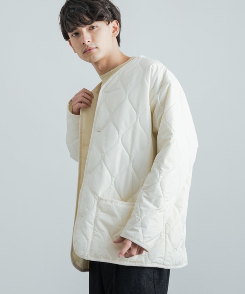 Rocky Monroe（ロッキーモンロー）の「オーバーサイズ 中綿ノーカラーミリタリージャケット フェイクレザー / コーデュロイ / ポリ（ダウンジャケット/コート・メンズ・ブラック/ベージュ/オフホワイト/オリーブ/ブラック系・M/L/XL）」の9枚目の写真