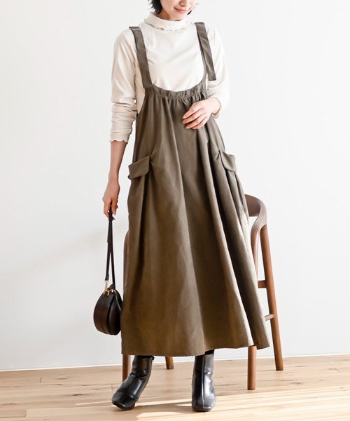 rps(アールピーエス)の「ピーチ起毛アウトポケットジャンスカ(ジャンパースカート・レディース・カーキ/ネイビー/チャコールグレー/モカ/ブラック・M/フリー)」の4枚目の写真