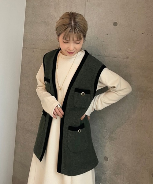 w closet(ダブルクローゼット)の「ヘリンボーンポケットベスト(ベスト・レディース・カーキ/ホワイト×ブラック・FREE)」の15枚目の写真