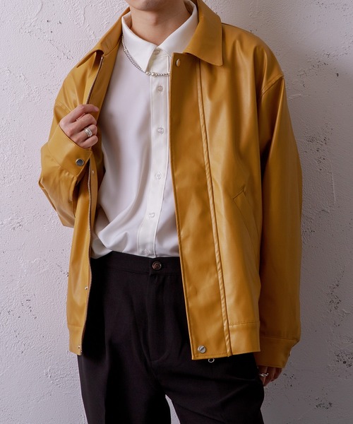 Adoon plain(アドーンプレーン)の「【Adoon plain】フェイクレザージャケット(ライダースジャケット・メンズ・ブラック/マスタード・MEDIUM/LARGE)」の5枚目の写真